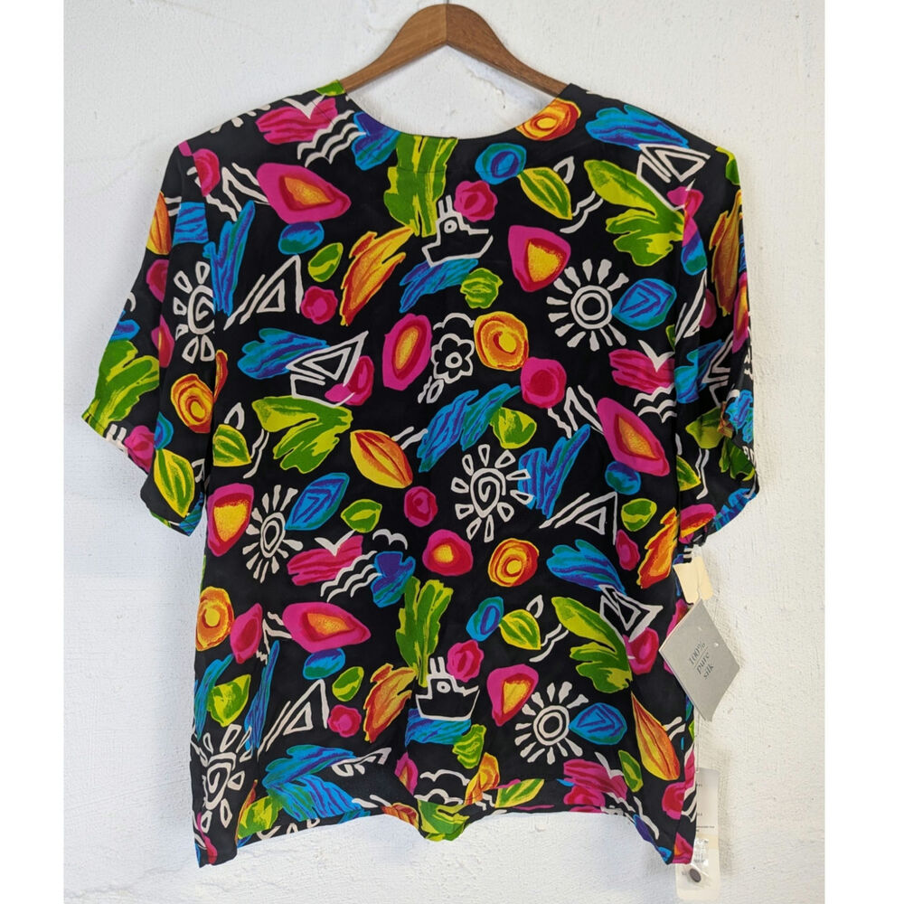 Vtg Silk Blouse Bold Pattern 1990s Bright Nautical Colorful Anna and Frank XL